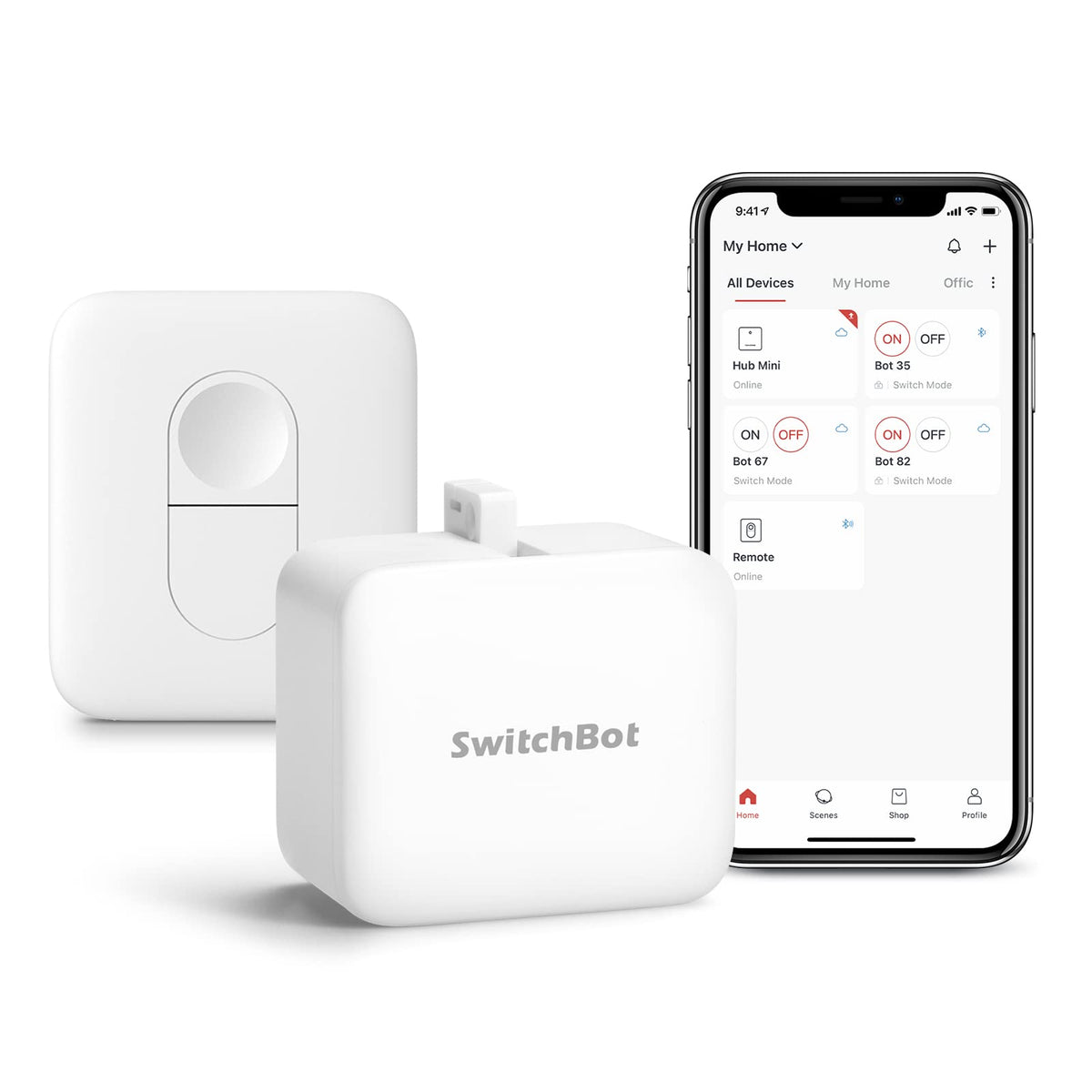 SwitchBot Smart Switch Button Pusher mounted on wall switch for hands-free lighting.