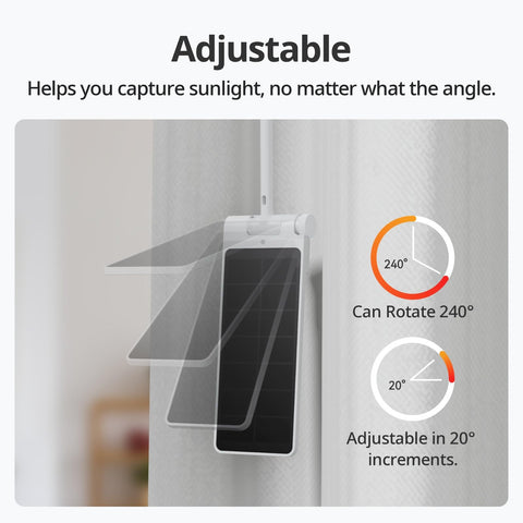 Compact, low-profile solar panel installed beside curtains and rails.