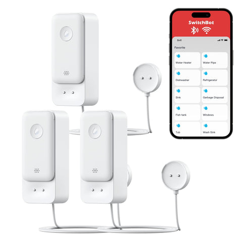 SwitchBot Water Leak Detector front view; compact design for discreet home monitoring.