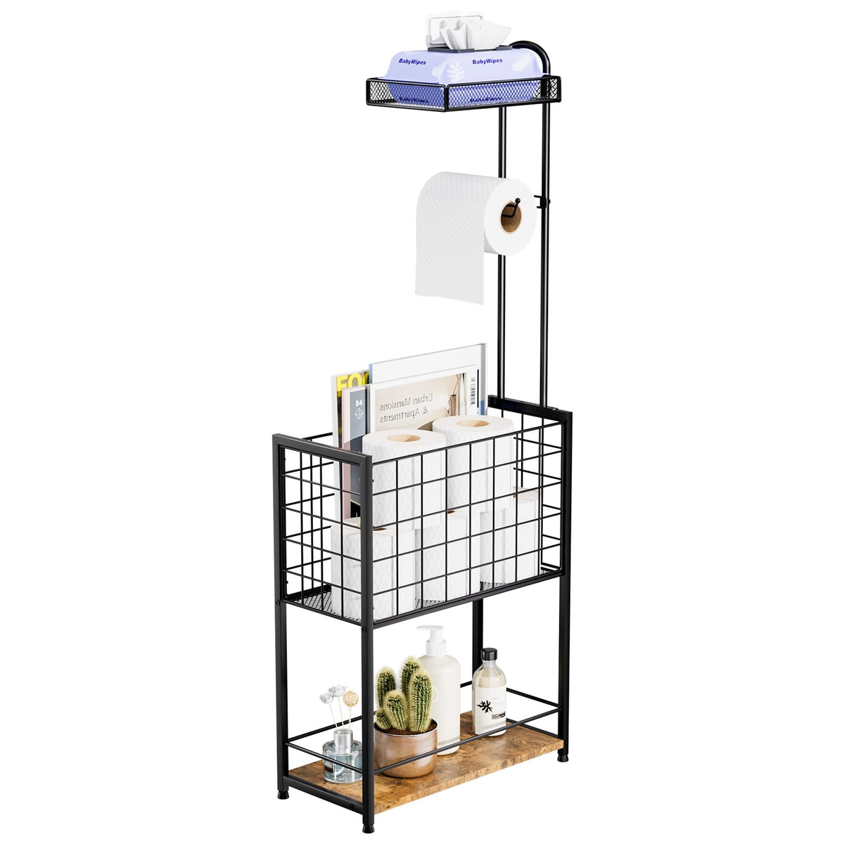 SWTYMIKI freestanding 4-tier holder front view with mega roll storage