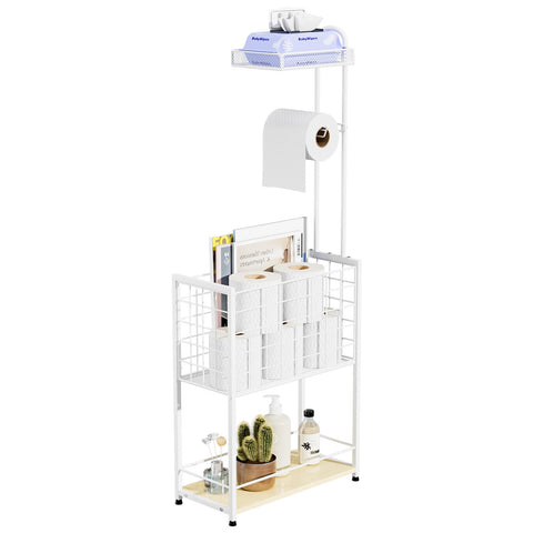 SWTYMIKI freestanding 4-tier toilet paper holder with shelf keeps essentials within reach.