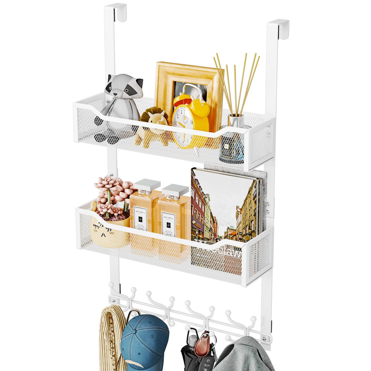 SWTYMIKI over-the-door hook with 16 hooks and 2 baskets for organized spaces