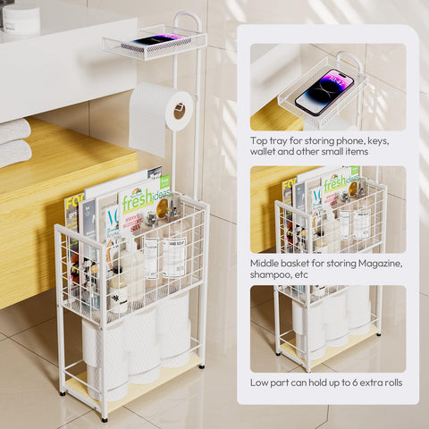 SWTYMIKI white bathroom storage stand adds extra roll storage and a convenient top shelf.
