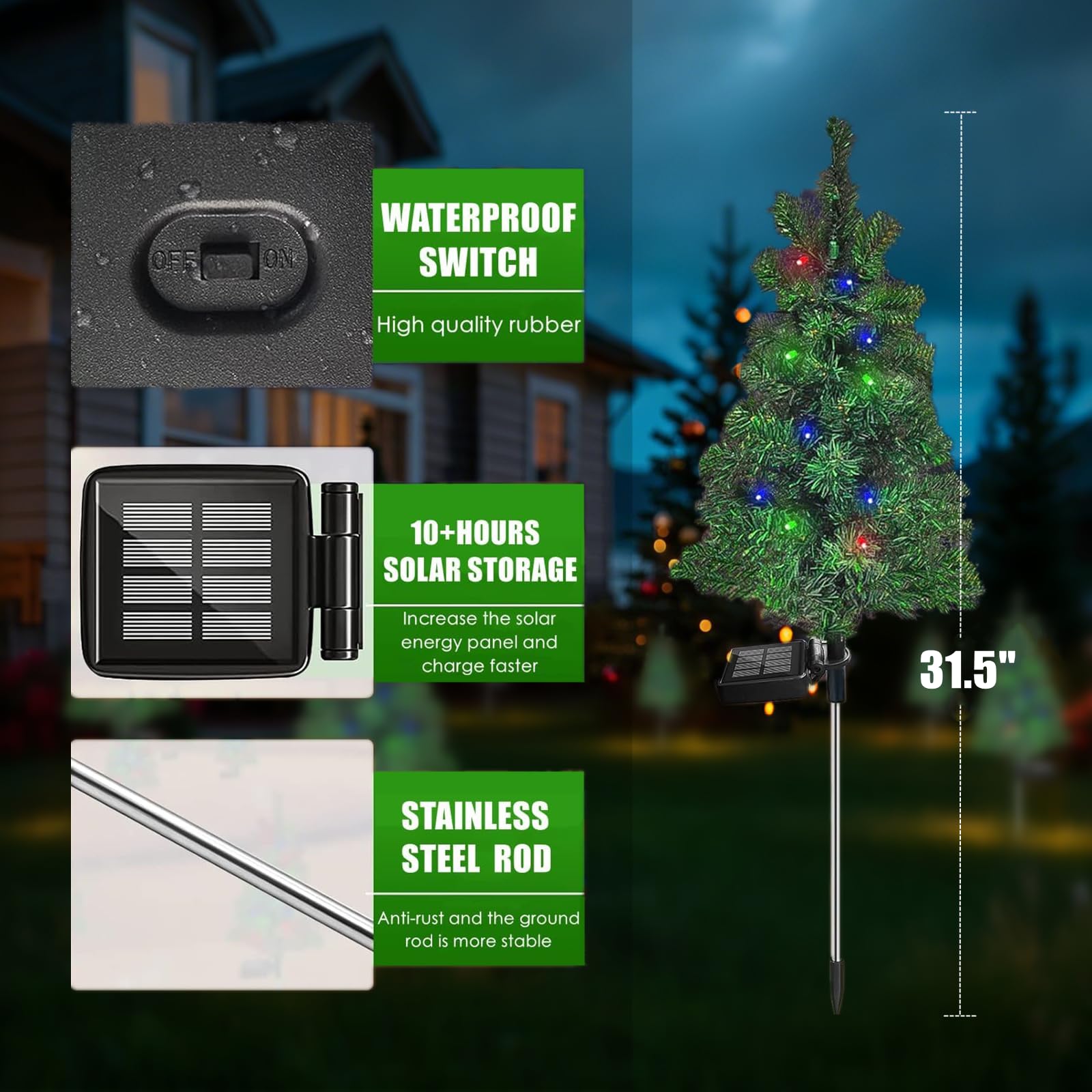 SXXSMYWR solar Christmas tree stake at night showcases colorful festive glow.