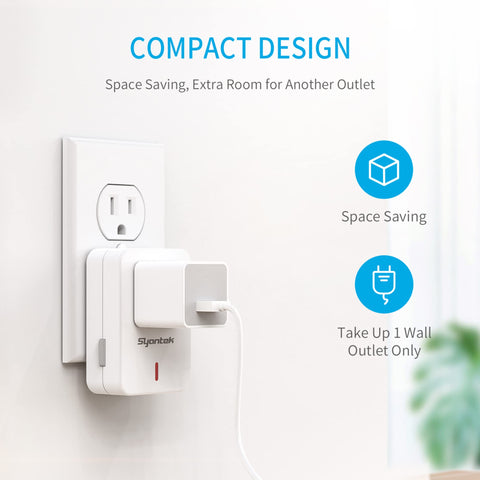 Syantek compact design outlet fits a single wall socket without clutter.