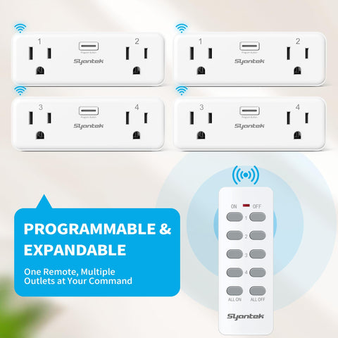 Syantek 100ft range highlights strong signal through walls for convenient control.