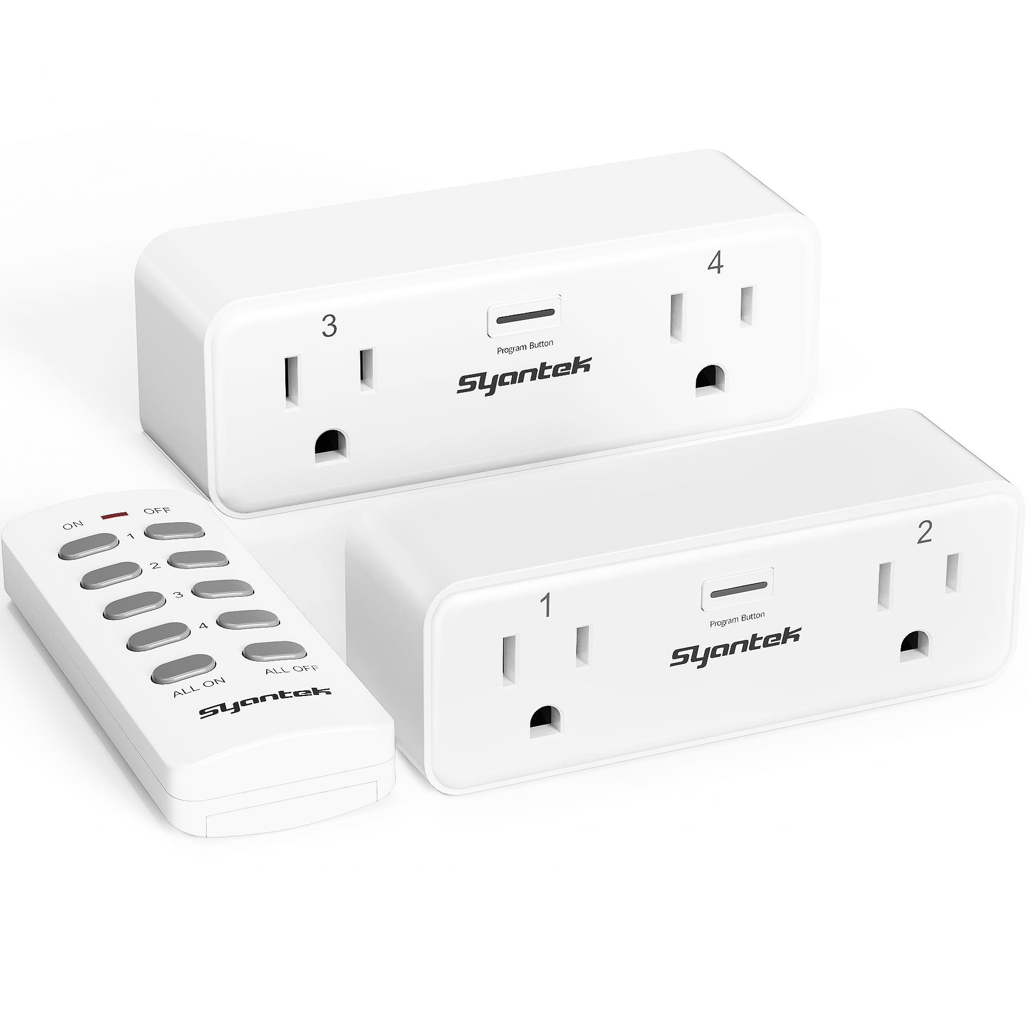 Syantek remote control outlet front view showing compact two-socket design for small spaces.