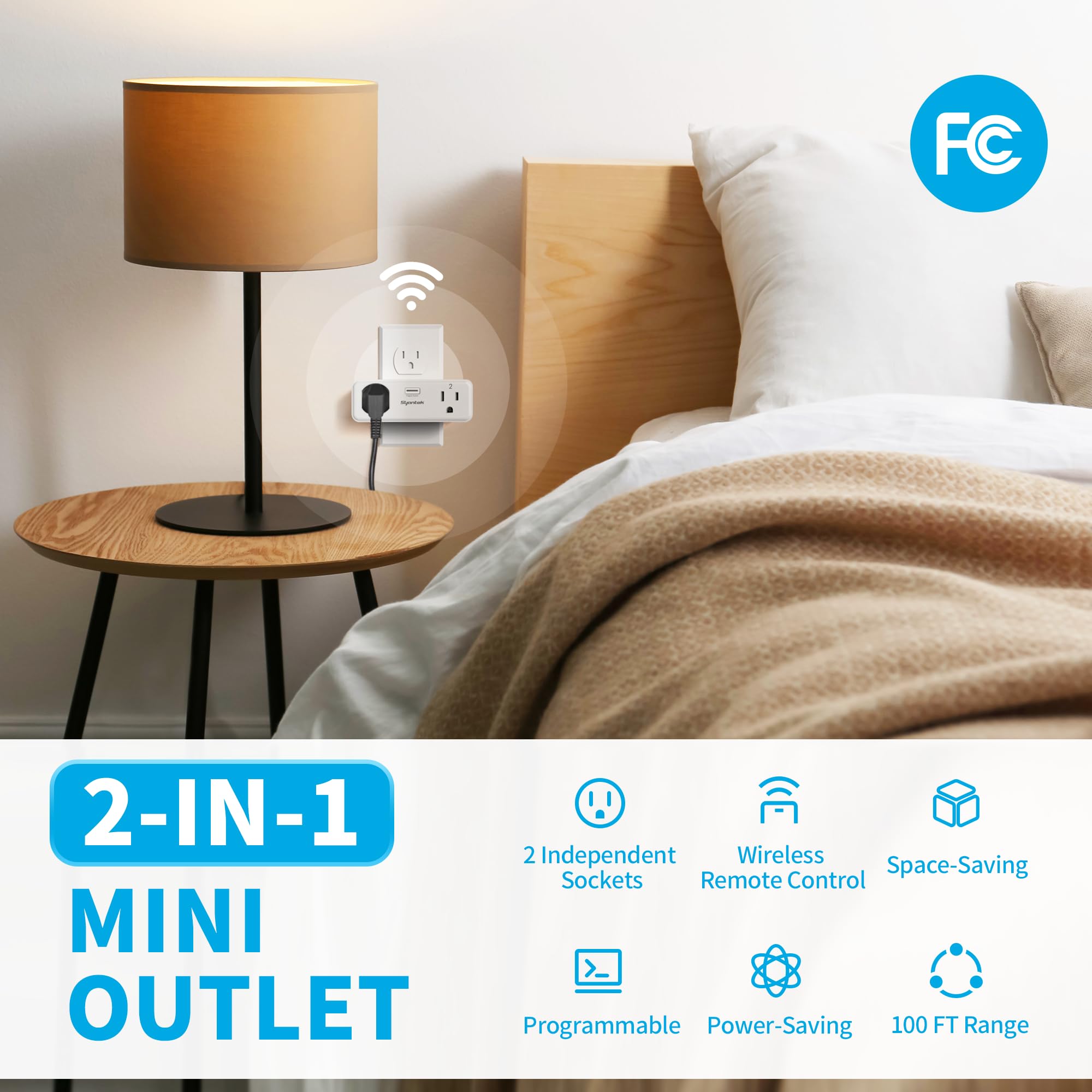 Syantek two-socket outlet illustrates independent sockets for separate devices.