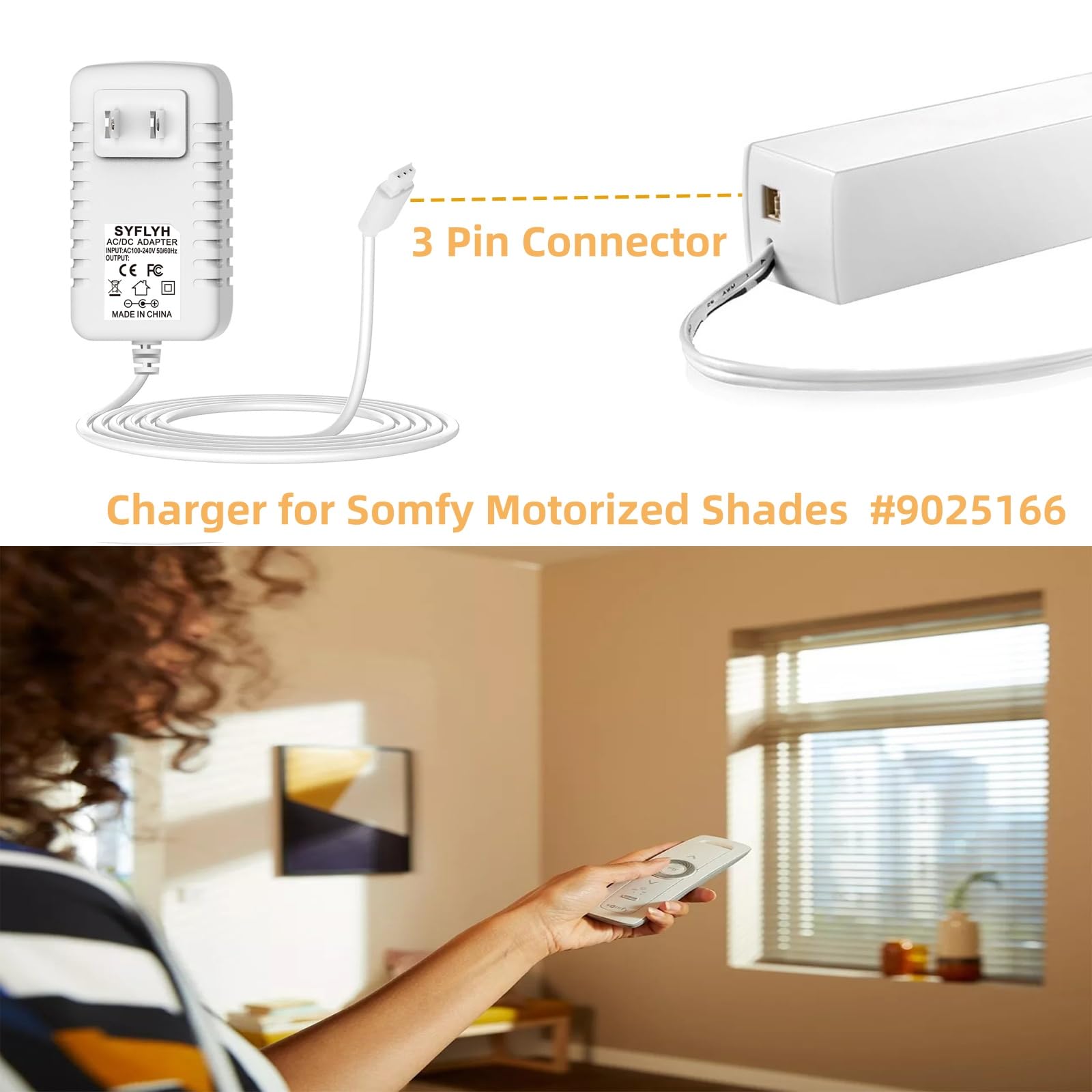 SYFLYH Somfy charger back view with universal AC input safety features.