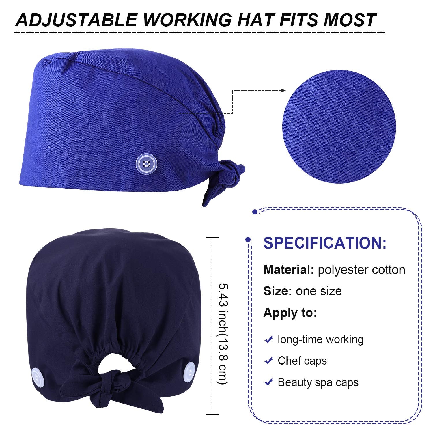 Syhood bouffant cap side view highlights button design for easy face-cover attachment.