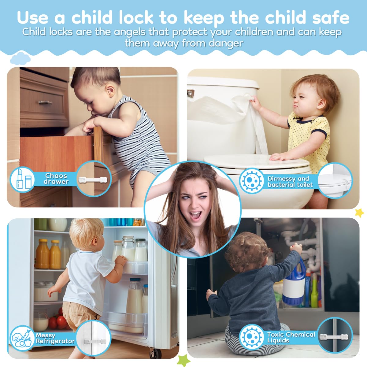 Syican cabinet locks on fridge doors help restrict access to contents.