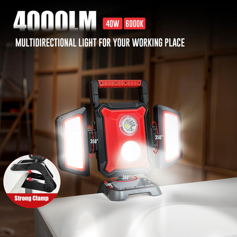 SYLSTAR magnetic work light with clamp base for hands-free mounting on a bench.