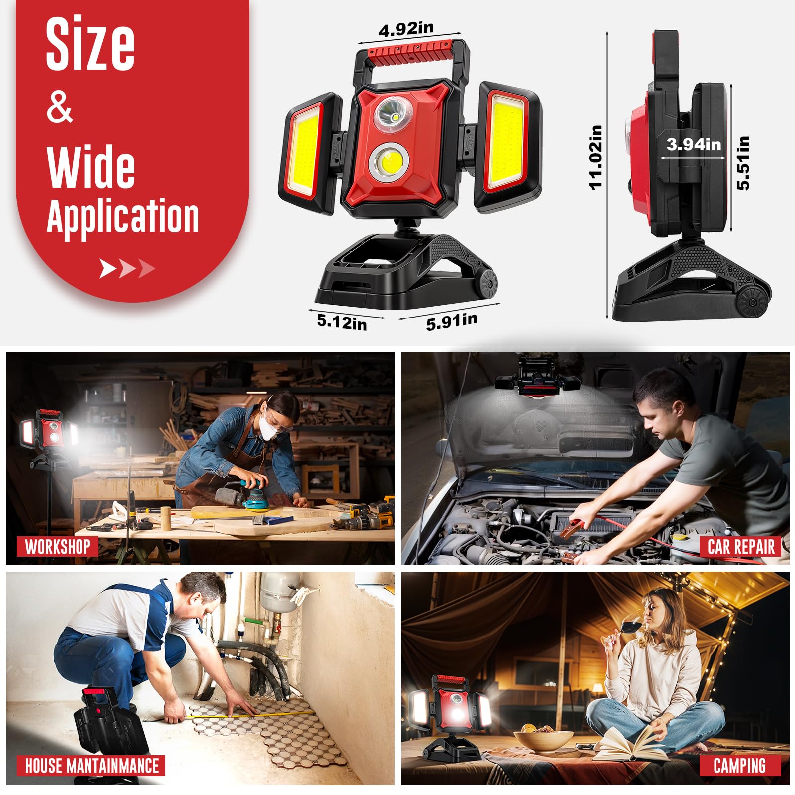 SYLSTAR portable work light ideal for garage, workshop, or camping scenarios.