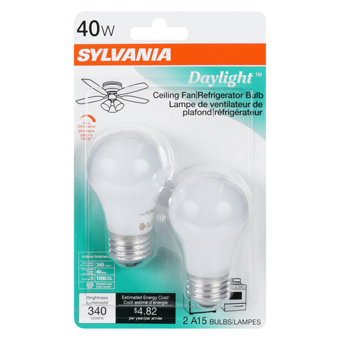 SYLVANIA A15 40W soft white bulb, side view, great for appliances and chandeliers.