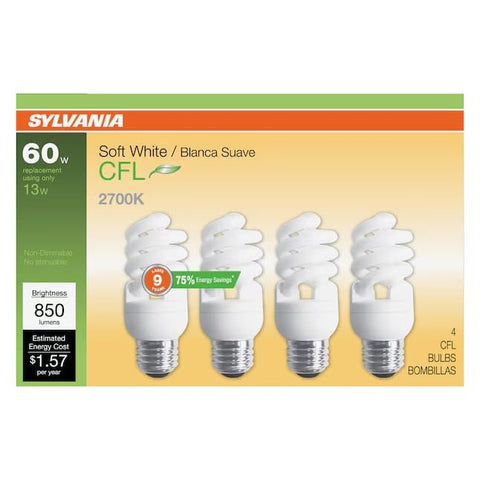 SYLVANIA CFL T2 Twist bulb 60W equivalent delivers 850 lumens for bright rooms