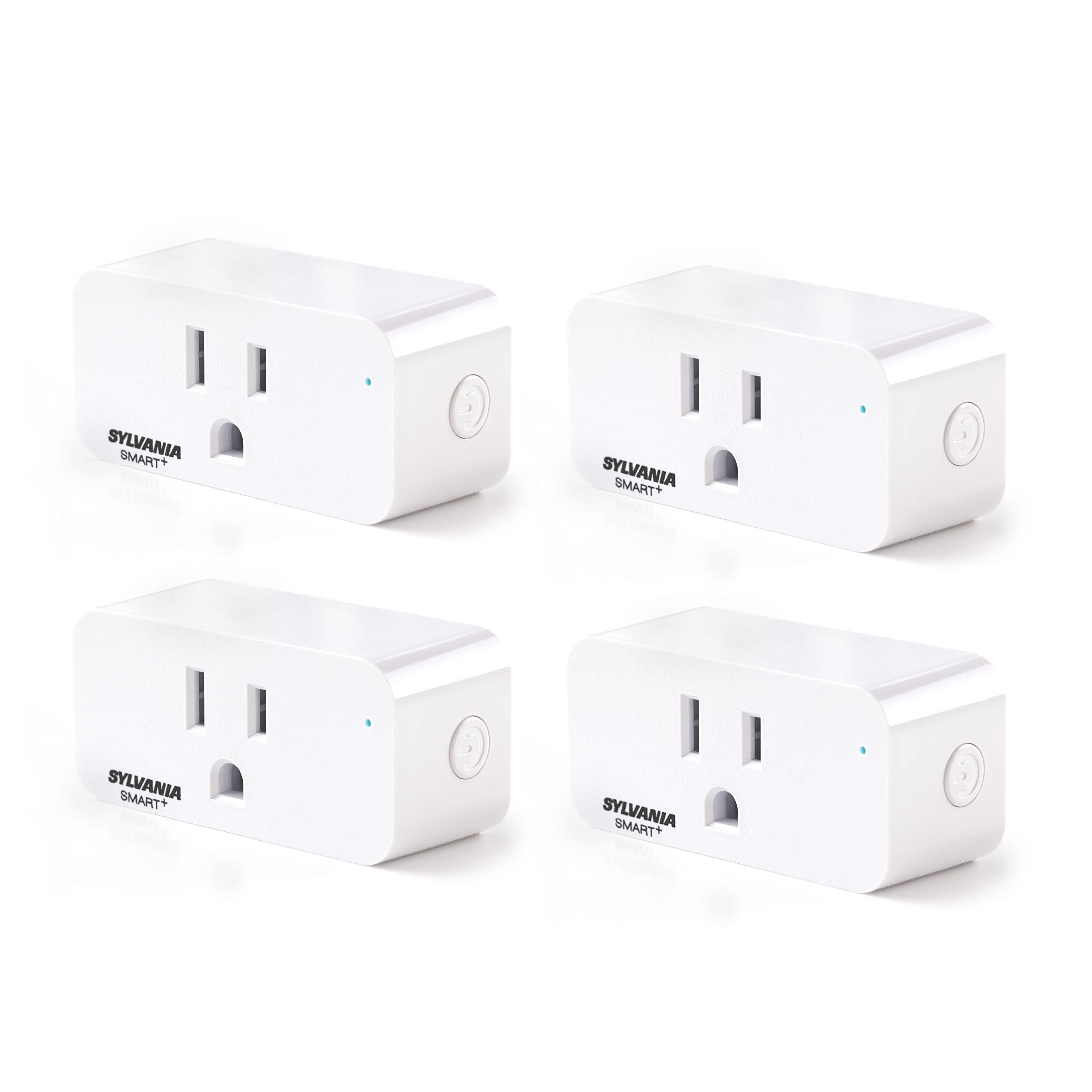 LEDVANCE Sylvania WiFi Smart Plug four-pack front view showing compact outlet footprint.