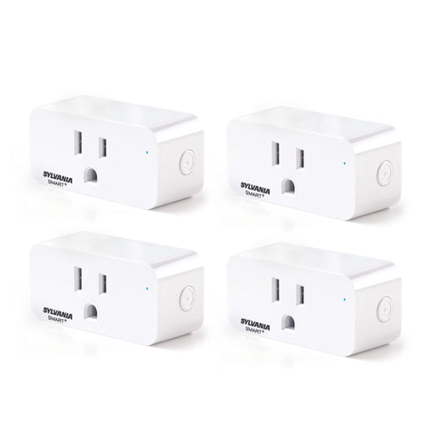 LEDVANCE Sylvania WiFi Smart Plug four-pack front view showing compact outlet footprint.
