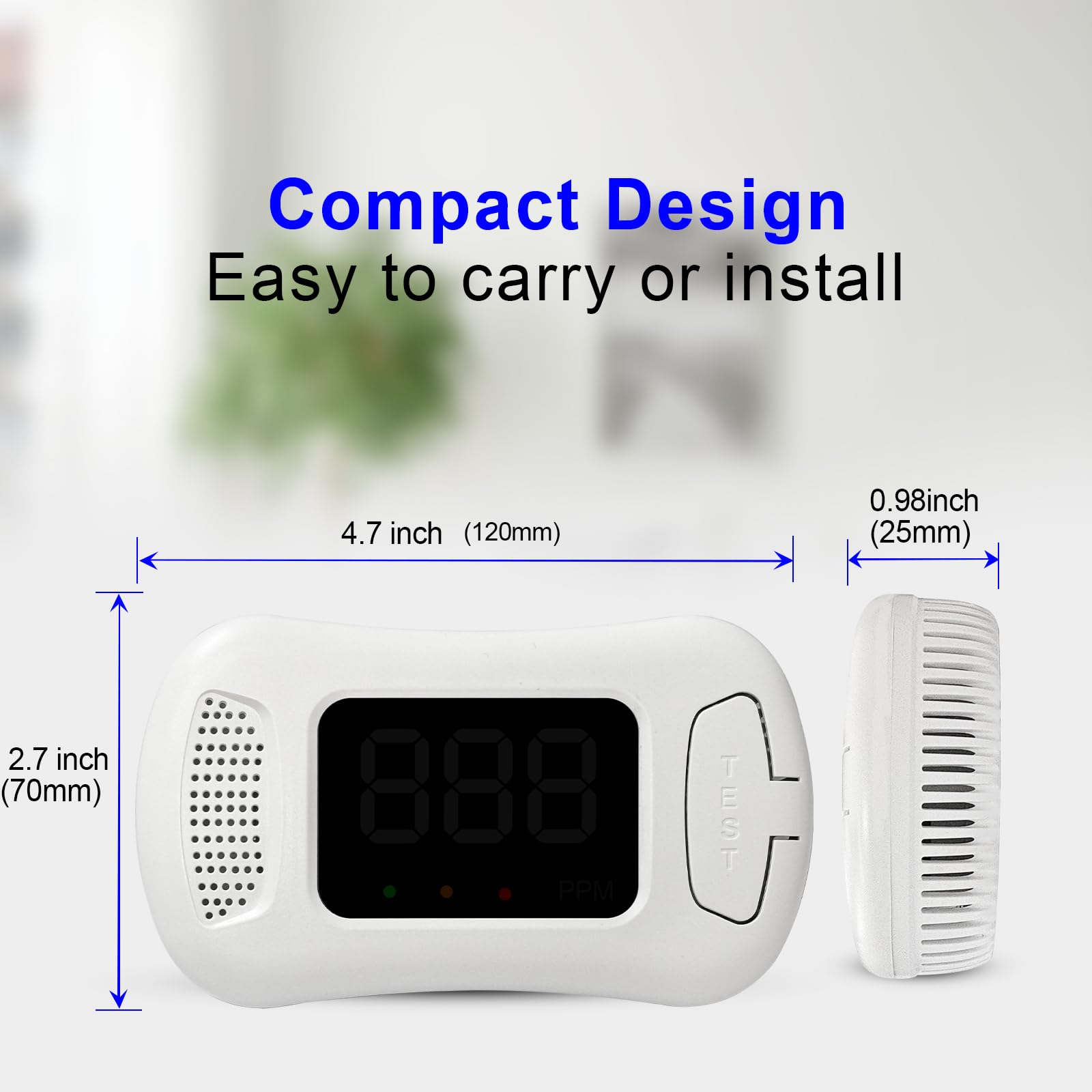 Sylzy CO detector with test/reset button for easy maintenance.