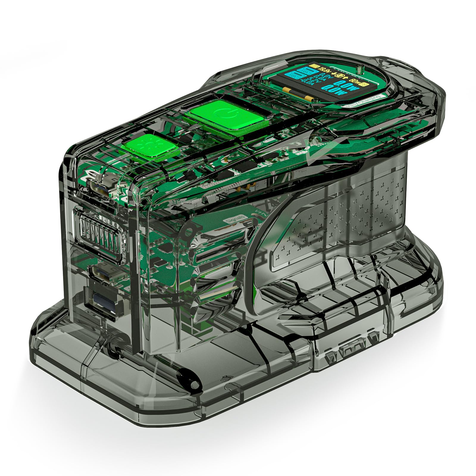 SYMIK PSC with Ryobi 18V battery showing live charging data on the OLED screen.