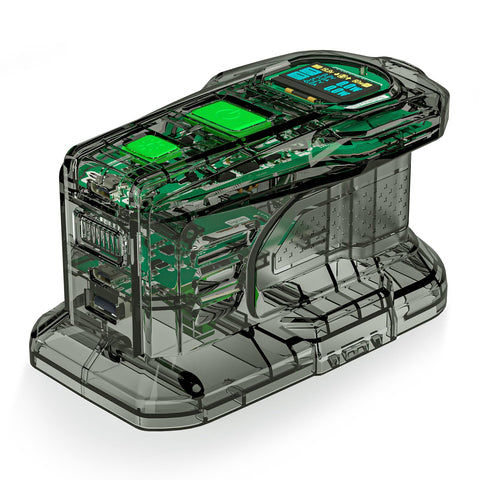 SYMIK PSC with Ryobi 18V battery showing live charging data on the OLED screen.