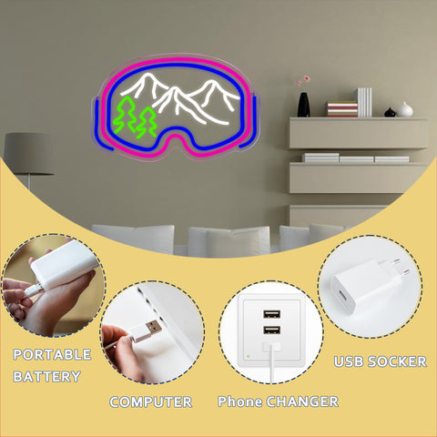 Symone ski goggles neon sign enhances bedroom decor with playful winter glow