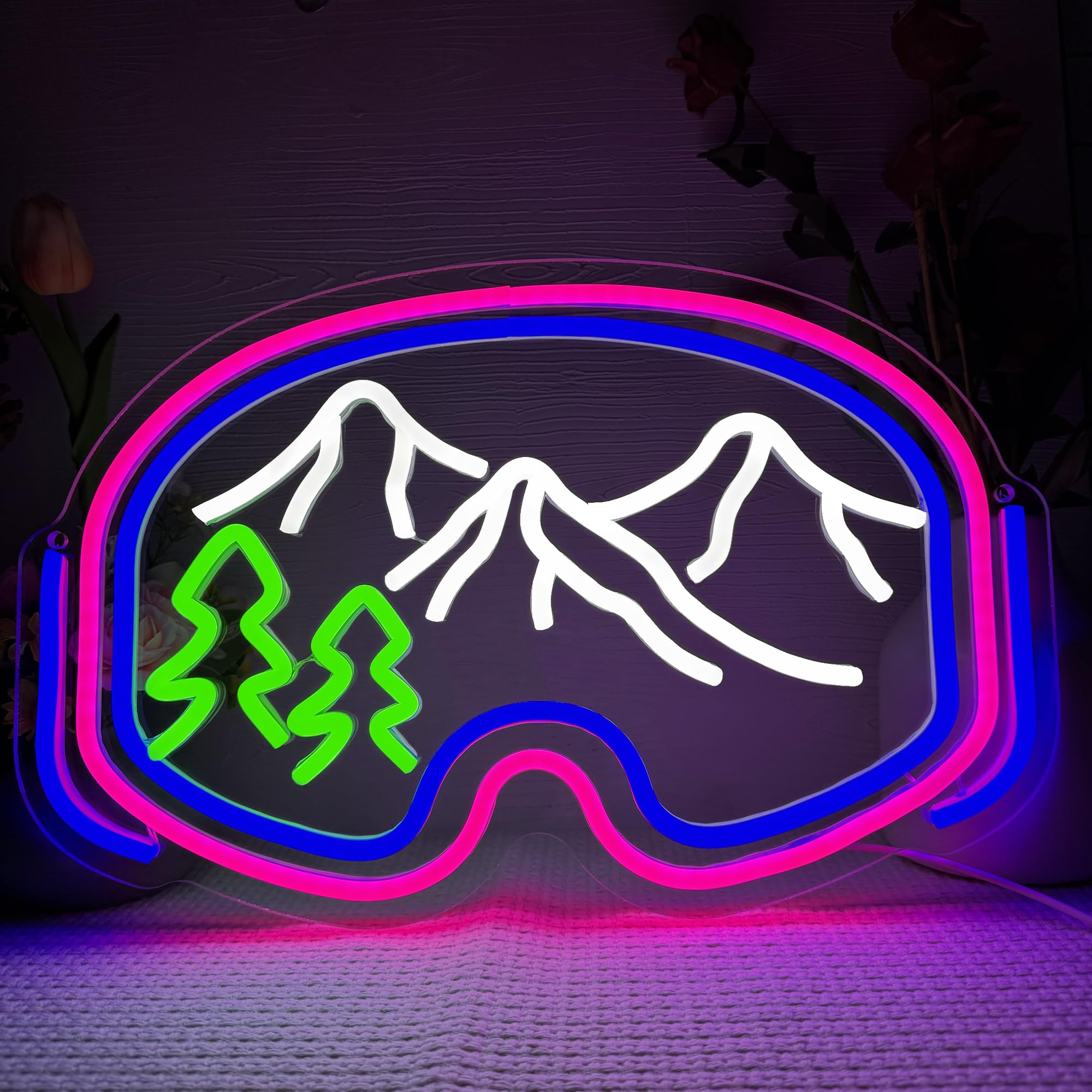 Symone ski goggles neon sign front view glowing with bold colors for striking decor