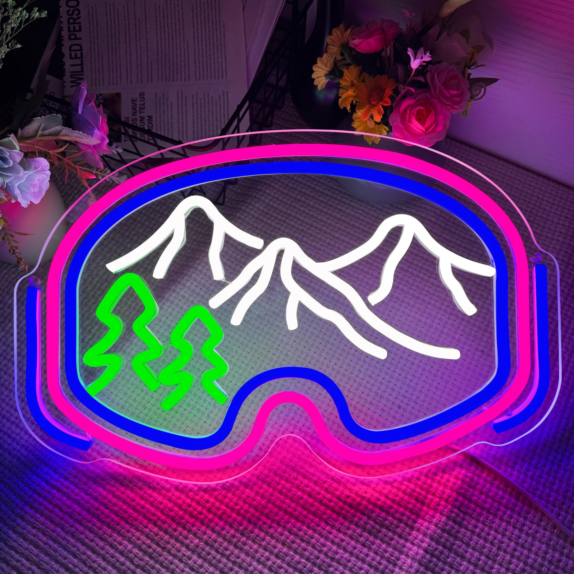 Symone ski goggles neon sign side view showing slim acrylic back panel and USB power