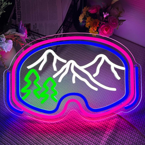 Symone ski goggles neon sign side view showing slim acrylic back panel and USB power