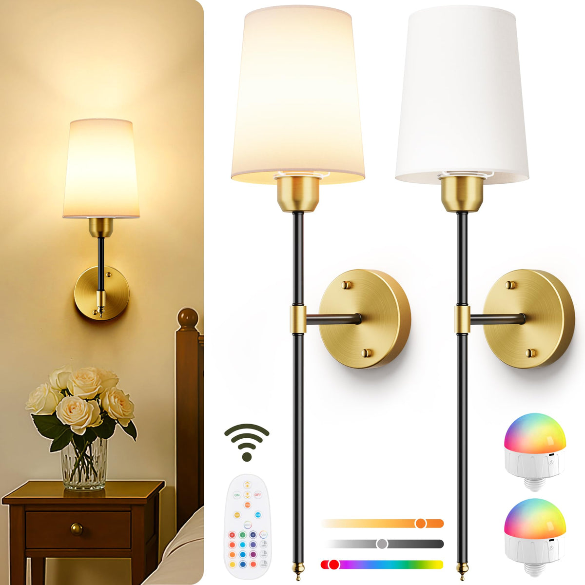 SyncGlow battery wall sconces in black gold create cordless ambient lighting.