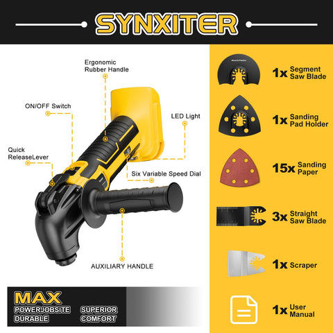 Synxiter oscillating tool with LED light for precise work in dim spaces.