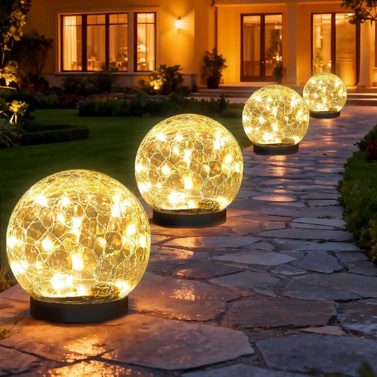SyouHome solar globe crackle-ball close-up illuminating pathways with a warm glow