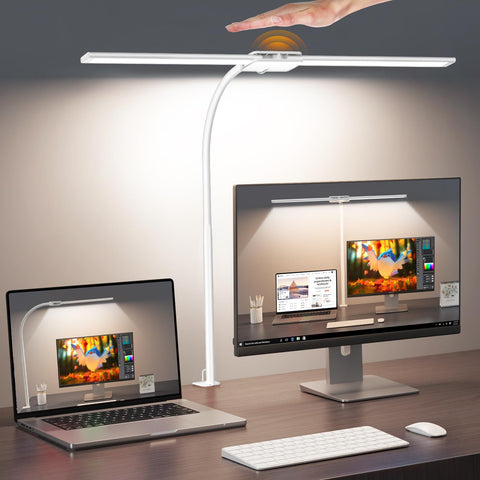 Syrinx LED desk lamp with double-head gooseneck for flexible task lighting