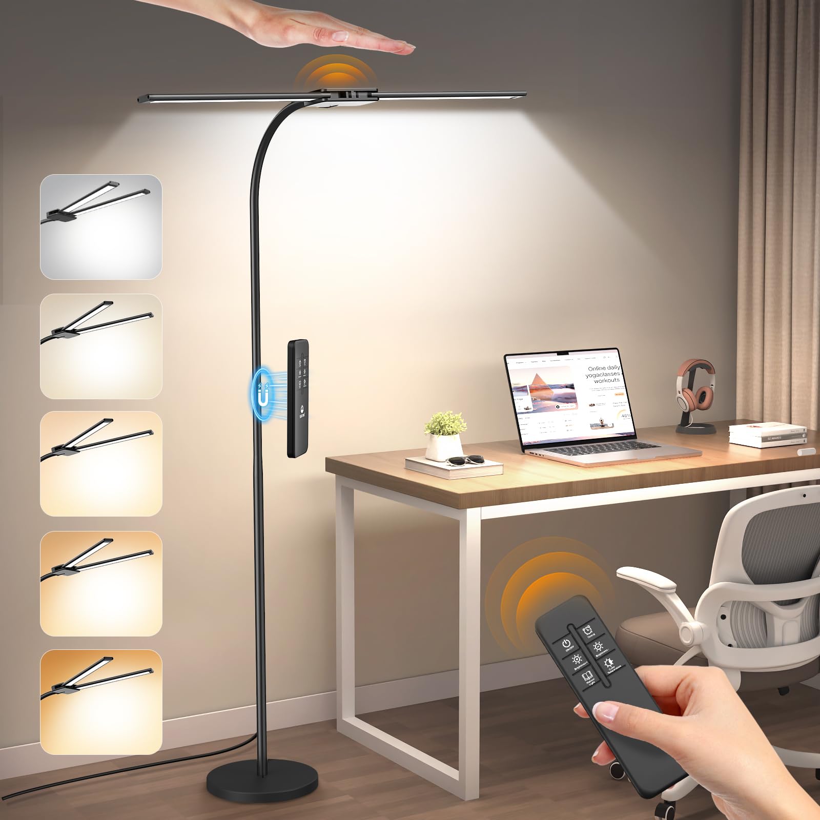 Syrinx LED Floor Lamp dual-head gooseneck for precise desk illumination