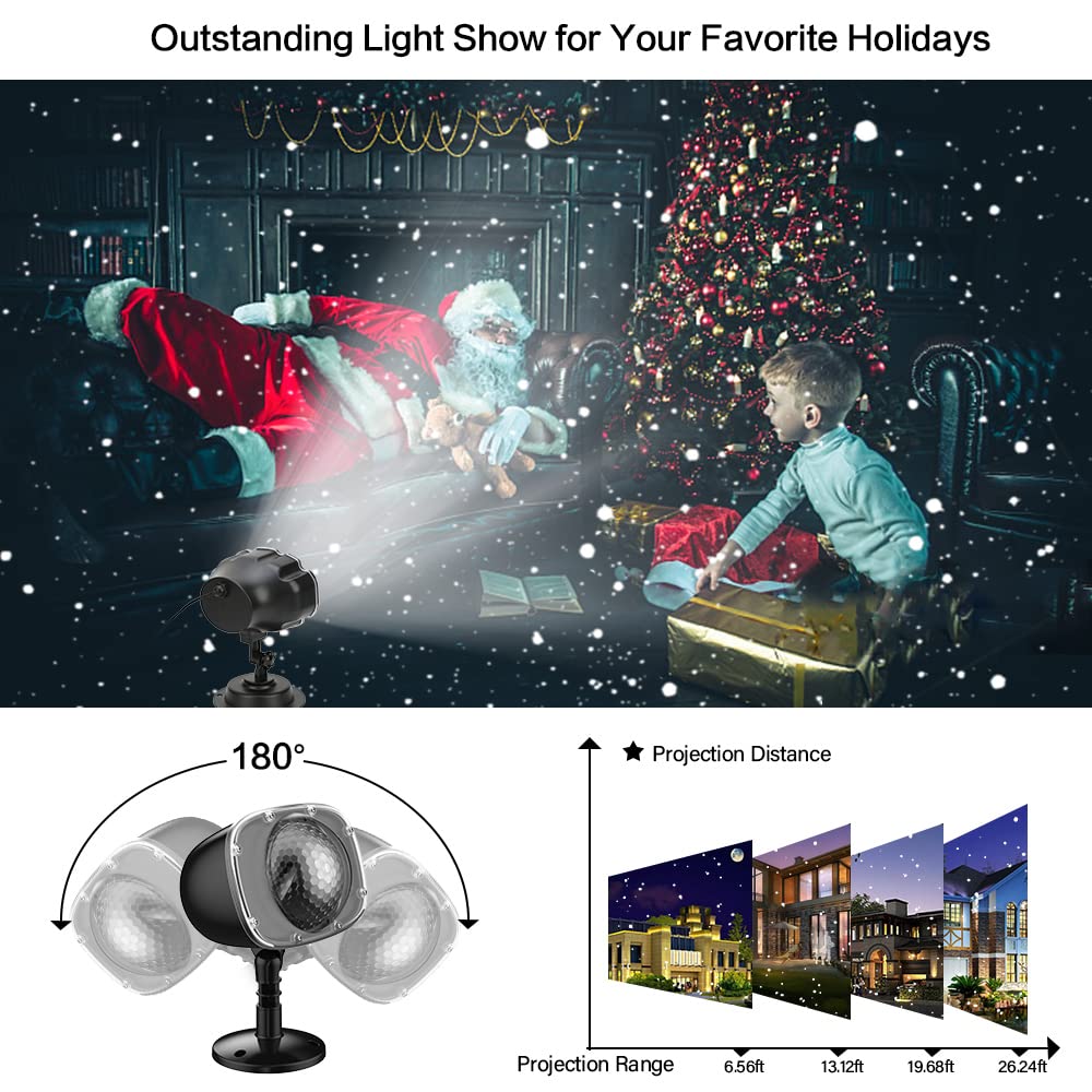 Syslux snowfall projector lights creating Christmas display on home
