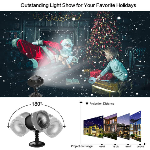 Syslux snowfall projector lights creating Christmas display on home
