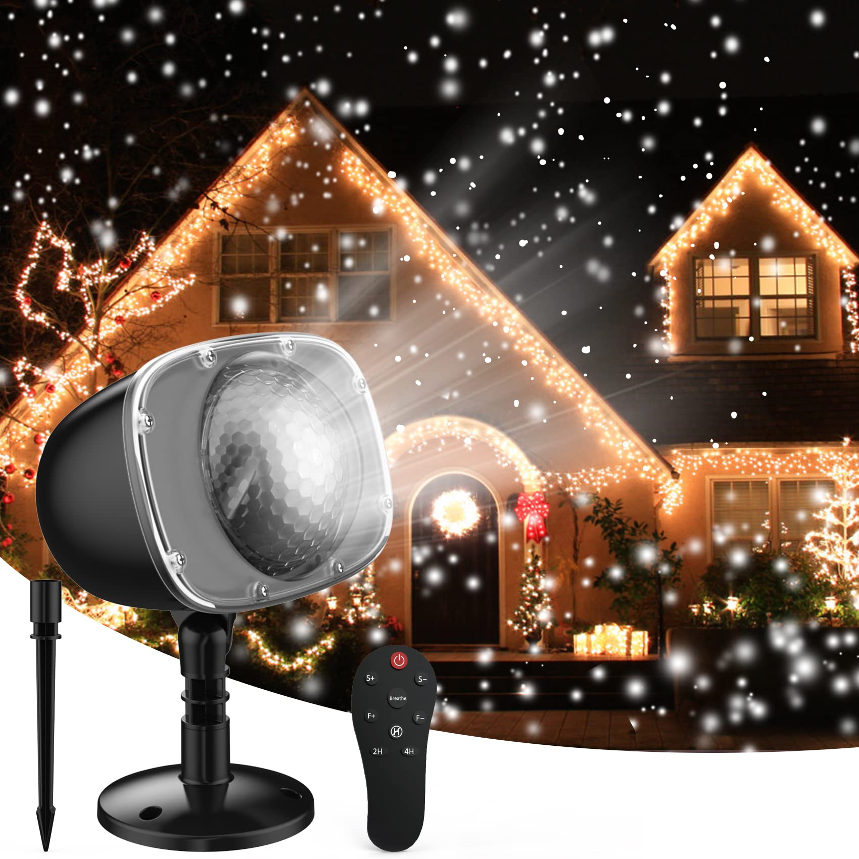 Syslux snowfall projector lights outdoor installation on house showing romantic snowfall