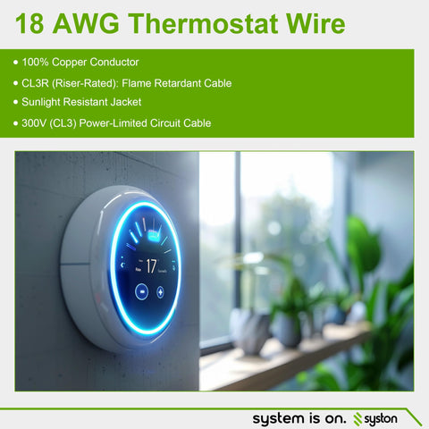 Syston 18/2 thermostat cable rated CL3R/FT4 for safe low-voltage installations.
