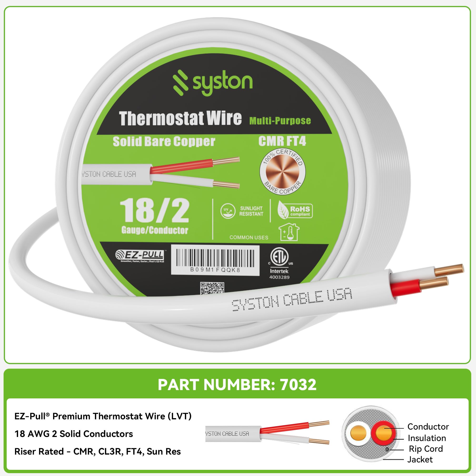 Syston 18/2 thermostat cable round smooth jacket supports easy pulling through tight spaces.