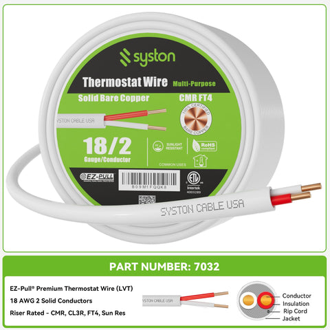 Syston 18/2 thermostat cable round smooth jacket supports easy pulling through tight spaces.