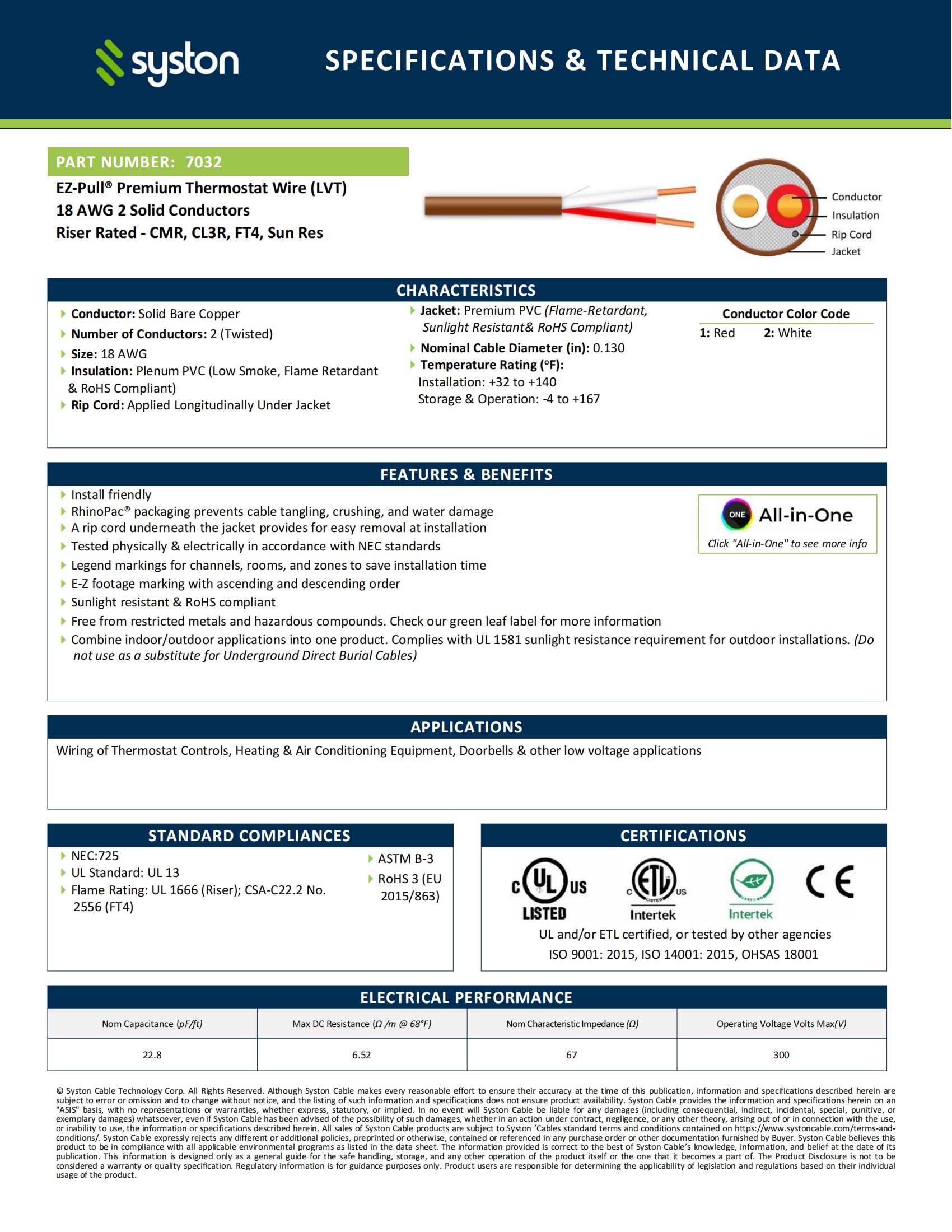 Syston 18/2 thermostat cable solid copper conductors ensure maximum conductivity for HVAC systems.