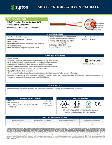 Syston 18/2 thermostat cable solid copper conductors ensure maximum conductivity for HVAC systems.