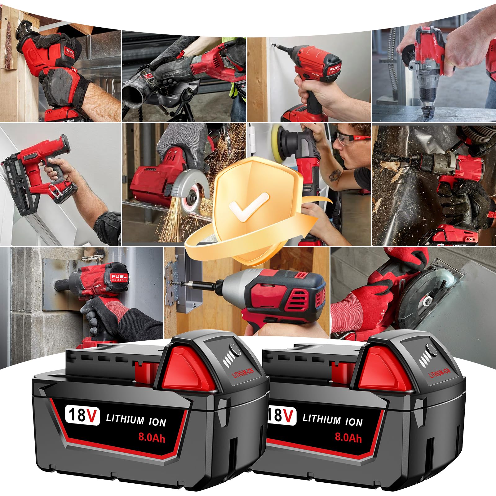 Syvenies 8.0Ah M18 battery compatible with Milwaukee chargers for flexible recharging.