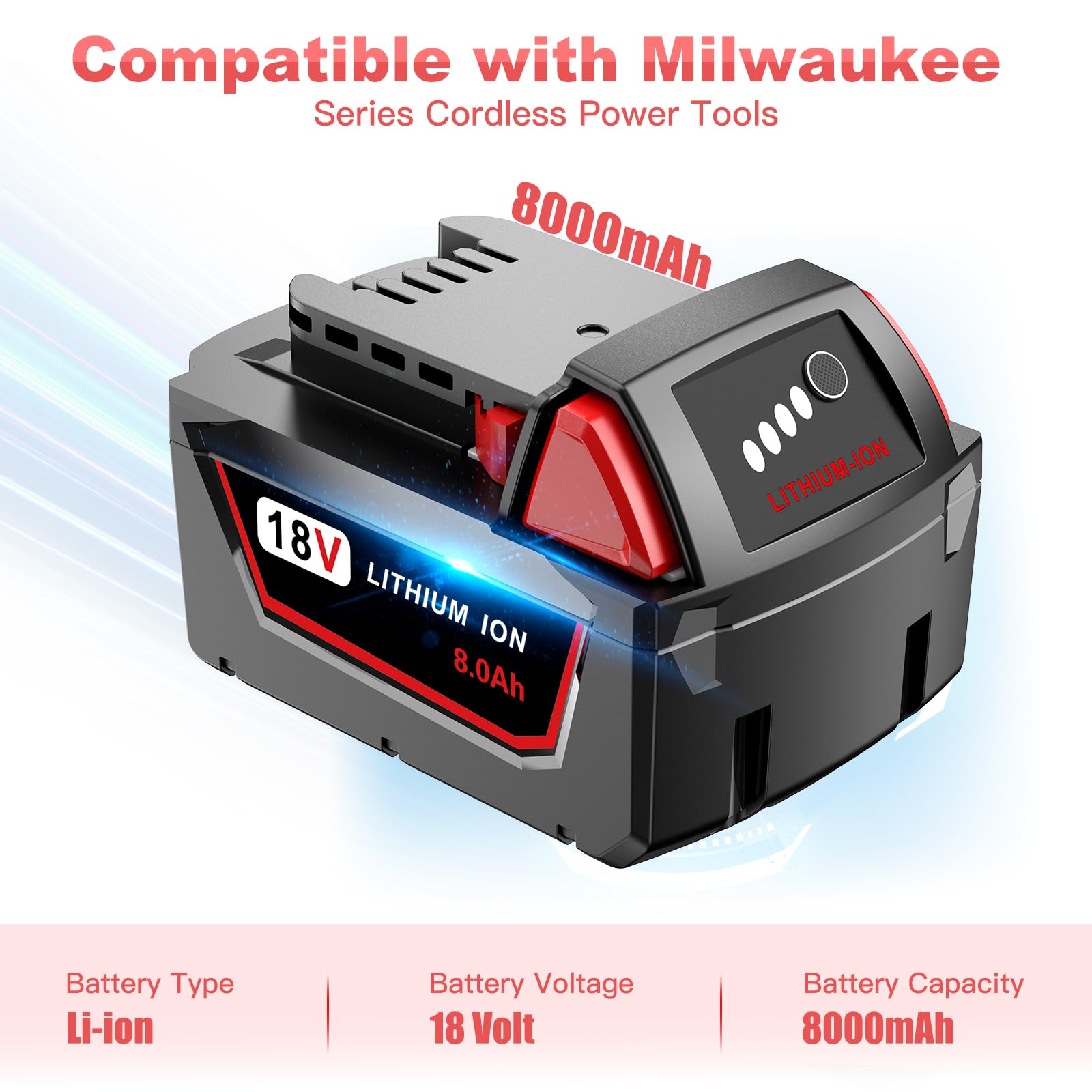 Syvenies 8.0Ah M18 battery with built-in safety features against overload and short circuits.