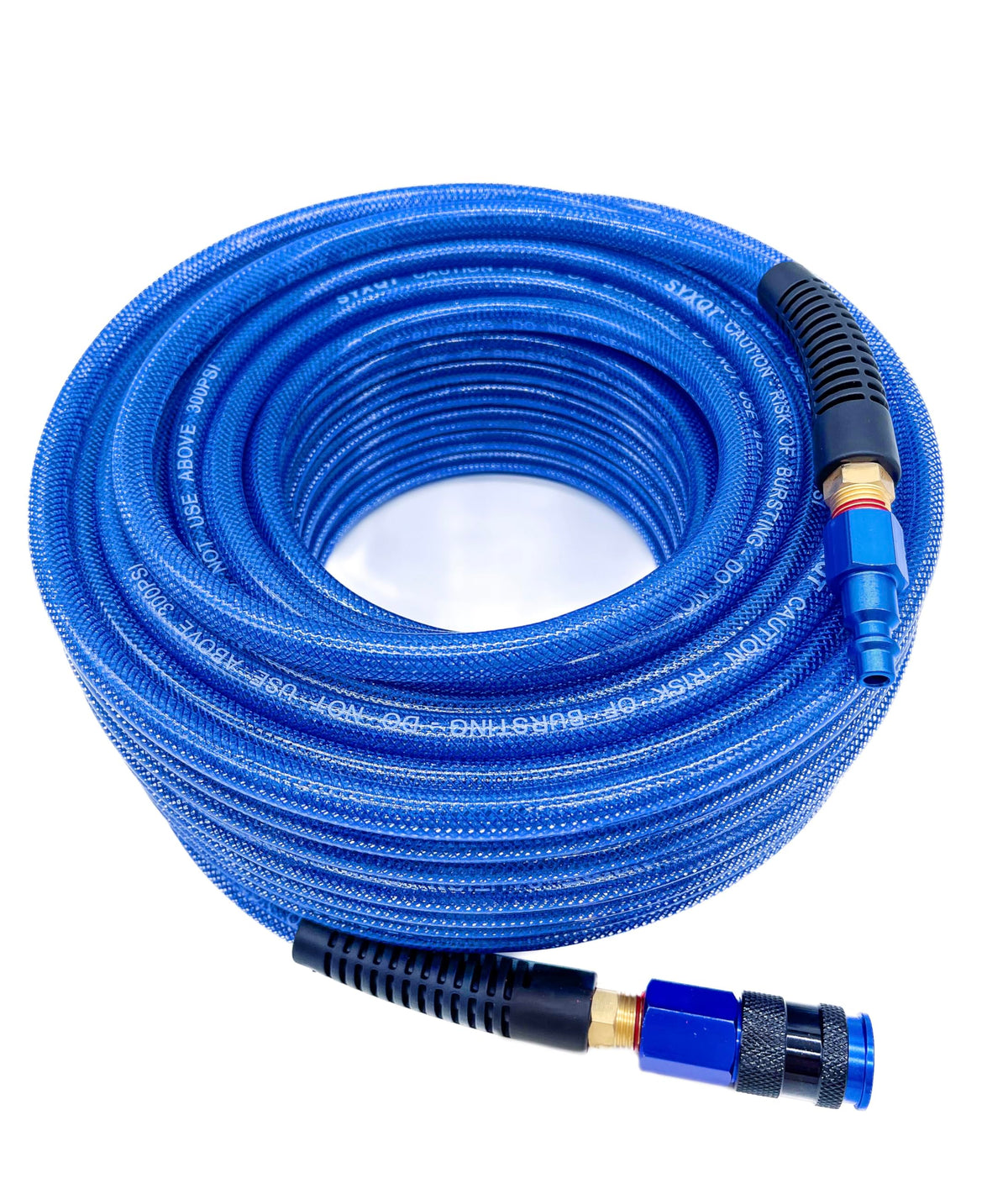 SYXQT PU air hose 100ft dark blue with aluminum quick coupler for versatile garage use.