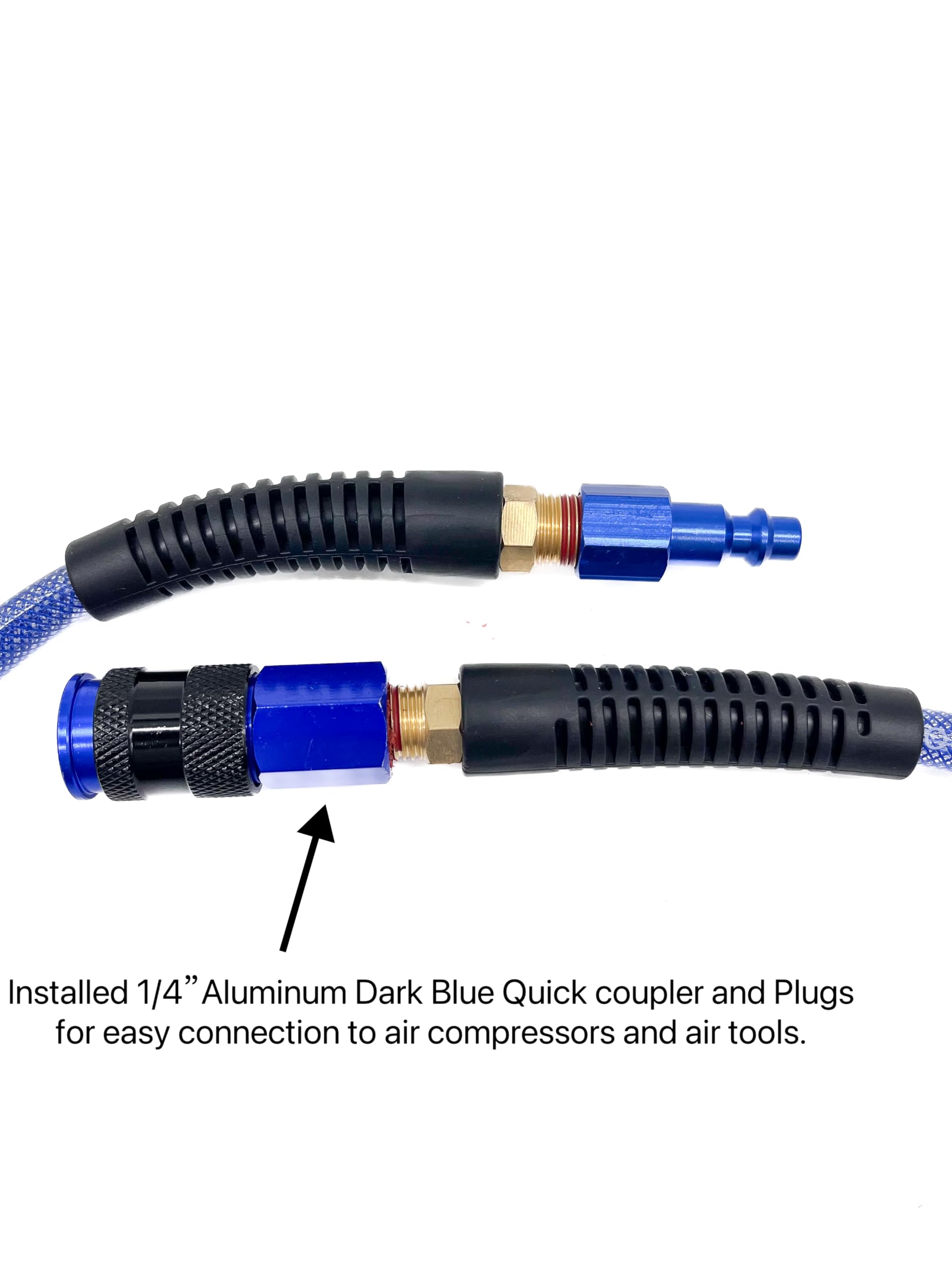 SYXQT PU air hose dark blue with bend restrictor reduces kinking during long tool runs.