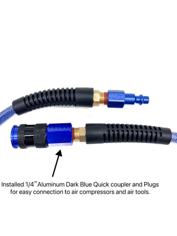 SYXQT PU air hose dark blue with bend restrictor reduces kinking during long tool runs.