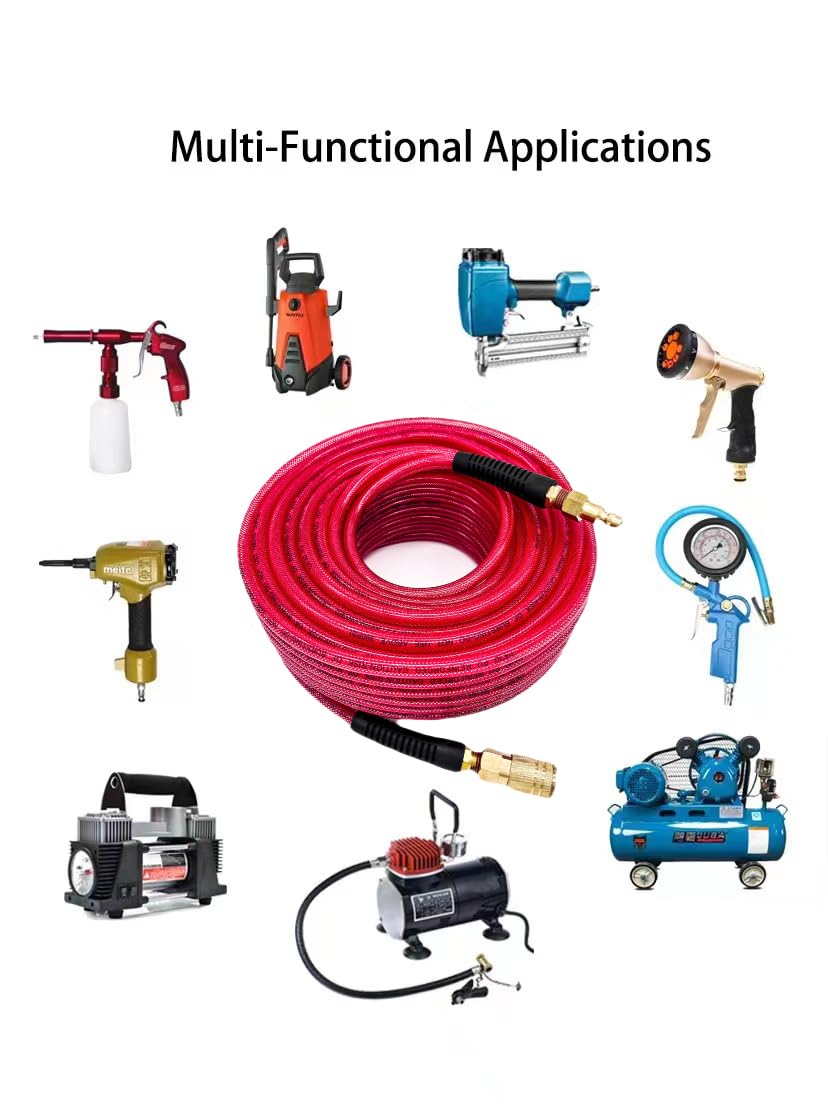 SYXQT PU air hose workshop setup supports long reach for air tools and inflating tasks.