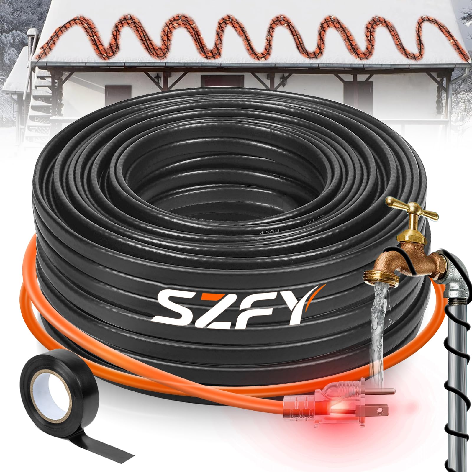 SZFY 50FT heat tape on water pipe for freezing protection