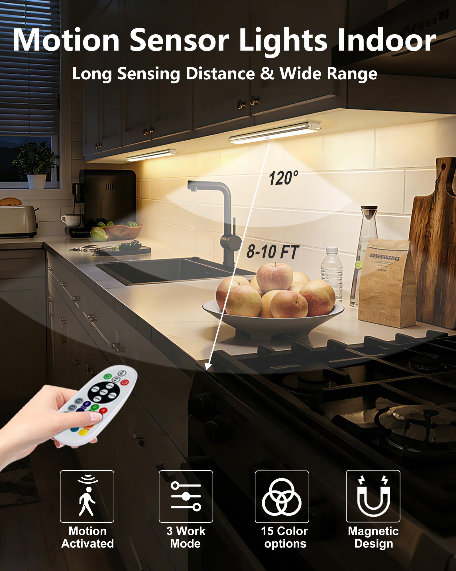 SZOKLED motion-sensor activation enabling hands-free lighting in a dim kitchen.