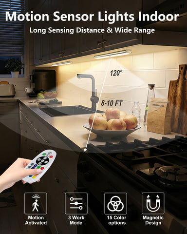 SZOKLED motion-sensor activation enabling hands-free lighting in a dim kitchen.